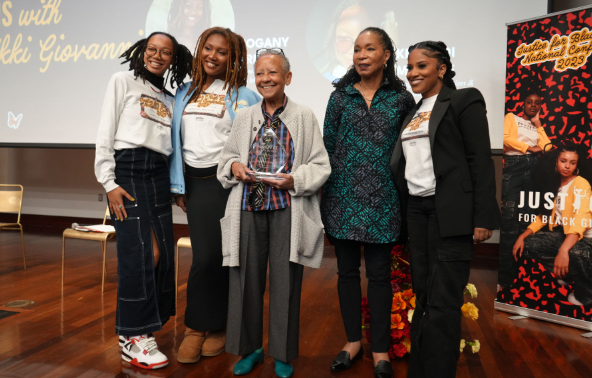 Staff Writer Mahogany Couvson-Morris with Nikki Giovanni, President Gayle,  JBG’s Founder and Executive Director Brianna Baker, and attendee at the Justice for Black Girls Fifth National Conference. Photo provided by Couvson-Morris.